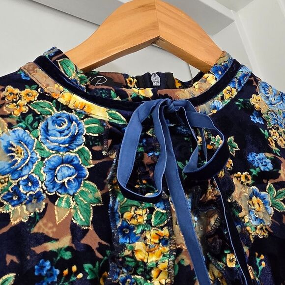 Dalia Macphee Burnout Floral Velvet Metallix Ruffle Runway Dress in Navy - Picture 7 of 16